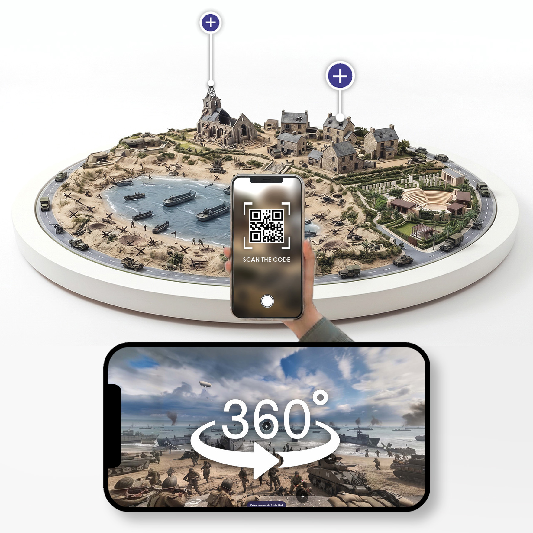 Un visiteur scanne le QR-code d'une maquette de jardin : la visite à 360° s'ouvre sur son smartphone avec des points d'intérêt