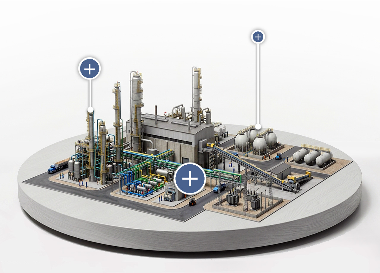 Maquette d'un site industriel avec colonnes, sphères de stockage et convoyeur