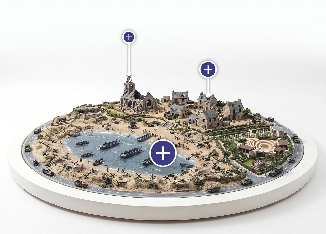 Maquette d'une plage du Débarquement avec barges, église en ruine et cimetière militaire