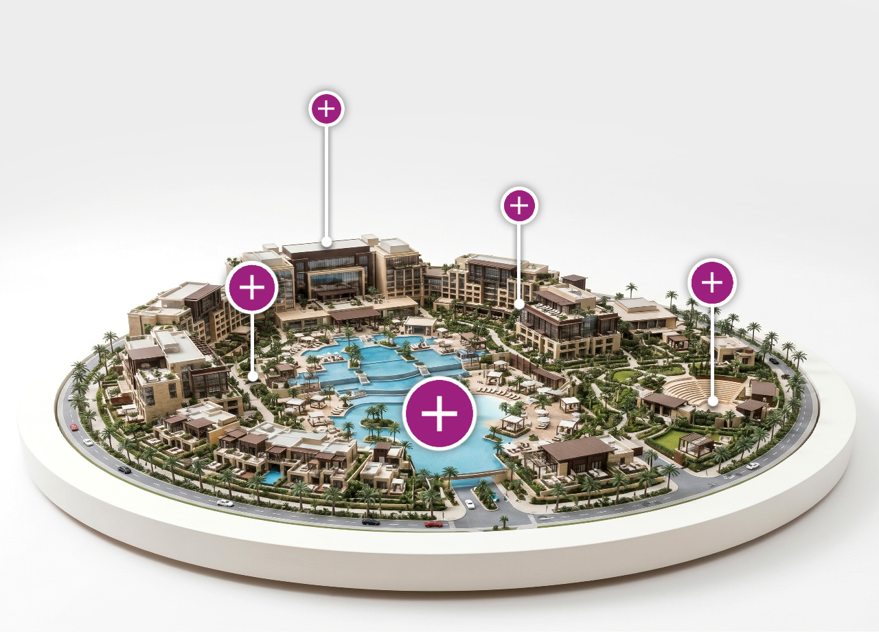 Maquette d'un resort avec piscines, hôtels et jardins tropicaux